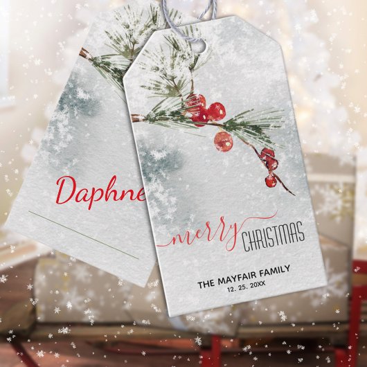 Pine Sprig Red Berries Snowstorm Merry Kerstry Cadeaulabel