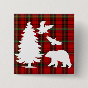Pine tree Beer Eagle op Rood Zwart Tartan Vierkante Button 5,1 Cm