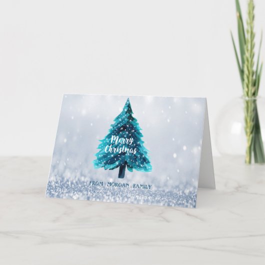 Pine Tree Blue Bokeh Kerstmis Feestdagen Kaart (Voorkant)