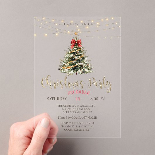 Pine Tree, Bow, String Lights Gouden Kerst Acryl Uitnodigingen (Insitu (Draagbaar))
