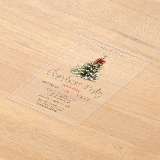 Pine Tree, Bow, String Lights Gouden Kerst Acryl Uitnodigingen (Laagn)