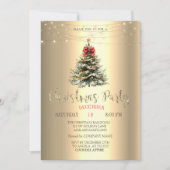 Pine Tree, Bow, String Lights Gouden Kerst Kaart (Voorkant)