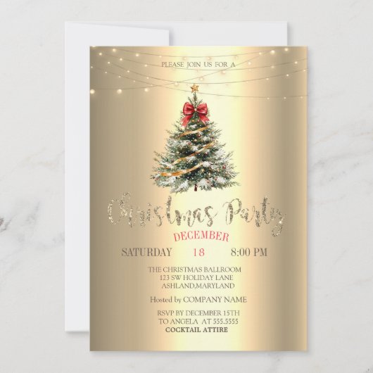 Pine Tree, Bow, String Lights Gouden Kerst Kaart (Voorkant)