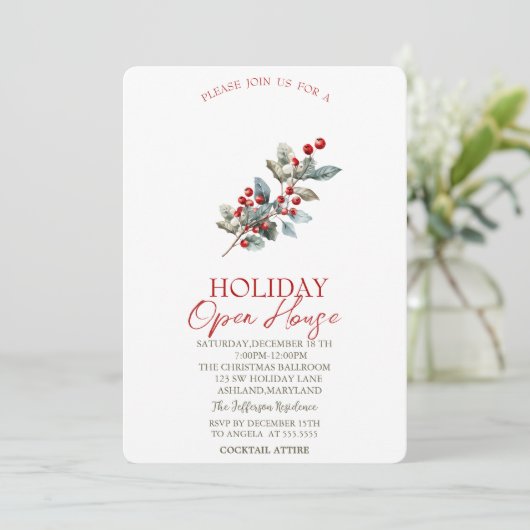 Pine Tree Branch Red Berries Holiday Open House Kaart (Staand voorkant)