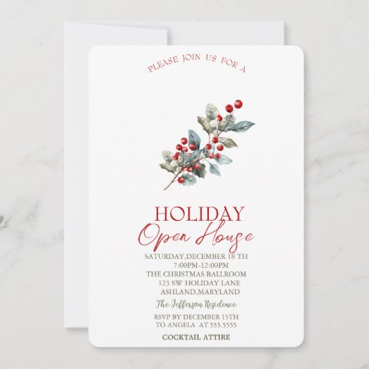 Pine Tree Branch Red Berries Holiday Open House Kaart (Voorkant)