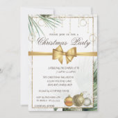 Pine Tree Branches, Balls, Bow Gold Kerstparty Kaart (Voorkant)