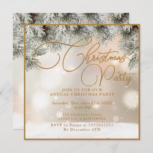 Pine Tree Branches,Balls,Gold Christmas Invitation (Devant / Derrière)