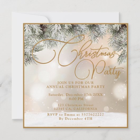 Pine Tree Branches,Balls,Gold Christmas Invitation (Devant)