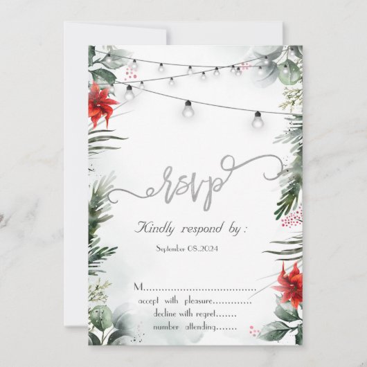 Pine Tree Branches, Poinsettia RSVP Kaart (Voorkant)
