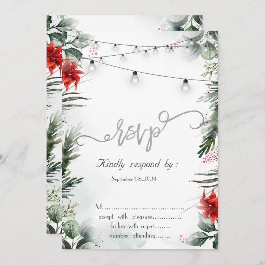 Pine Tree Branches, Poinsettia RSVP Kaart (Voorkant / Achterkant)