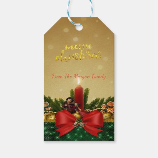 Pine Tree Branches, Red Bow, kaarsje, prettige ker Cadeaulabel (Voorkant)