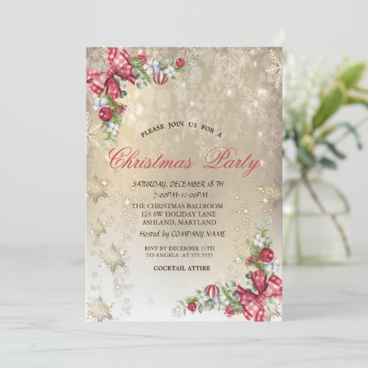 Pine Tree Branches Snowflakes Gold Party Kaart (Staand voorkant)