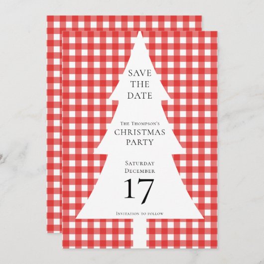 Pine Tree Christmas Red Gingham Bewaar de datum Kaart (Voorkant / Achterkant)