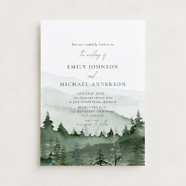 Pine Tree, Foggy Mountains Rustic Wedding Kaart