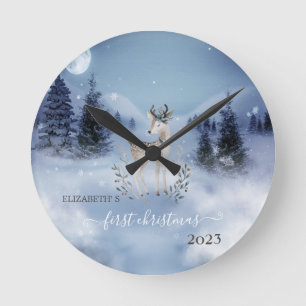 Pine Tree Fores, Deer Blue Holiday Ronde Klok