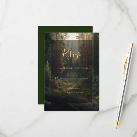 Pine Tree Forest Green Wedding RSVP Kaartje (Voorkant / Achterkant in situ)