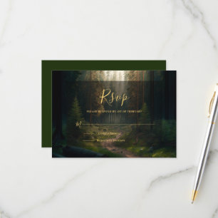 Pine Tree Forest Green Wedding RSVP Kaartje