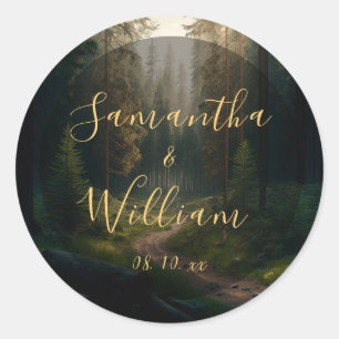 Pine Tree Forest Green Woodland Wedding Ronde Sticker