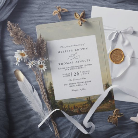 Pine Tree Forest Mountains Rustic QR Code Wedding Kaart