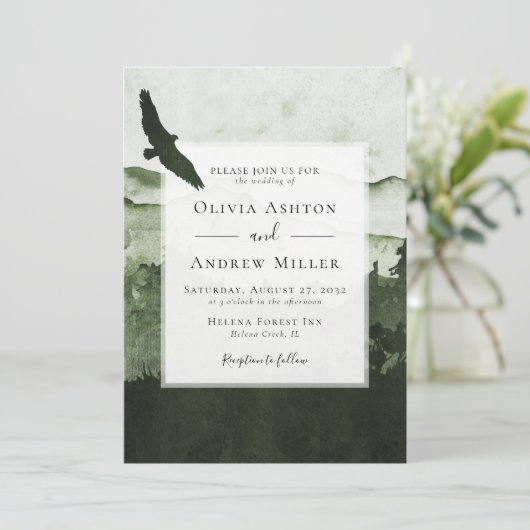 Pine Tree Forest Rustieke thema Waterverf bruiloft Kaart (Staand voorkant)