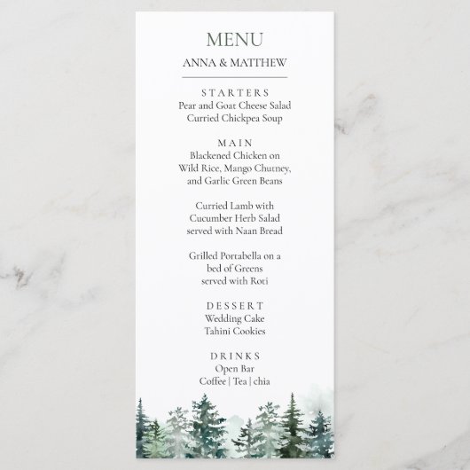 Pine Tree Forest Waterverf Mountains bruiloft Menu (Voorkant)