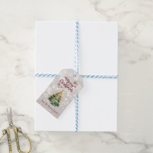 Pine Tree, Glittery Bokeh Vakantie Cadeaulabel (Met Touw)