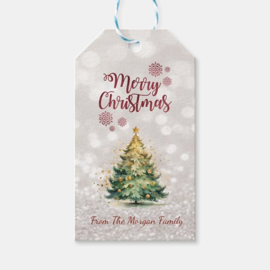 Pine Tree, Glittery Bokeh Vakantie Cadeaulabel (Voorkant)