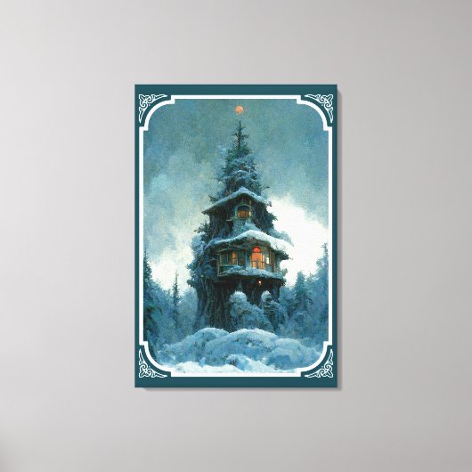 Pine Tree House in Winter | Kerstboom Canvas Afdruk (Voorkant)