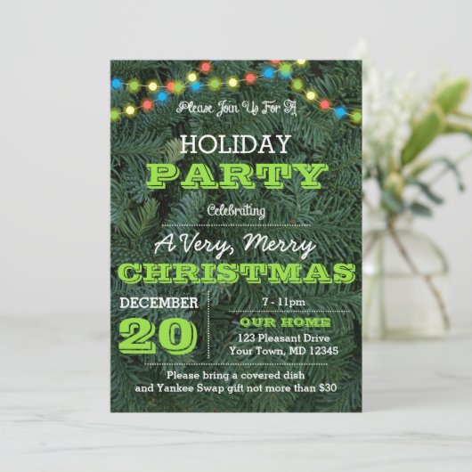 Pine Tree Multi Lights Green Holiday Invitation (Debout devant)