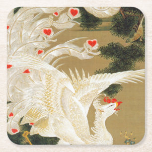 Pine Tree & Phoenix (Love Heart Phoenix), Jakuchu Vierkante Kartonnen Onderzetter