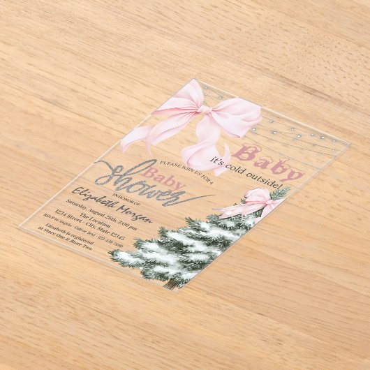  Pine Tree Pink Bow Snowflakes Baby Shower Acryl Uitnodigingen (Laagn)