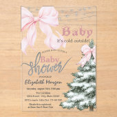 Pine Tree Pink Bow Snowflakes Baby Shower Acryl Uitnodigingen (Voorkant)