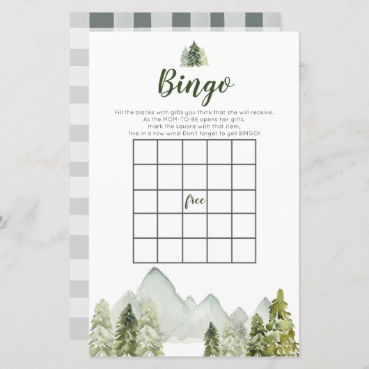 Pine Tree Rustic Adventure Bingo Games Baby shower (Voorkant / Achterkant)