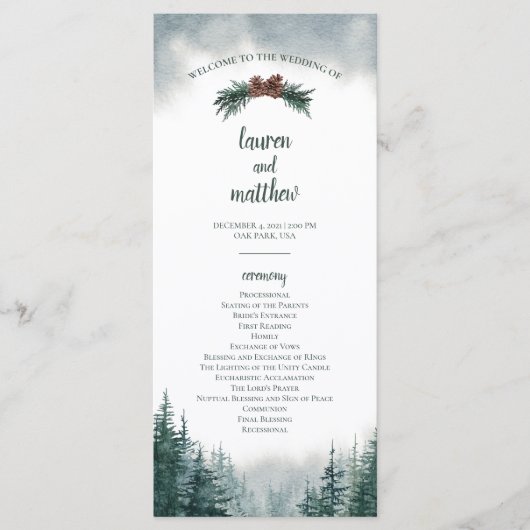 Pine Tree Rustic Mariage Plat Ceremony Programme (Devant)