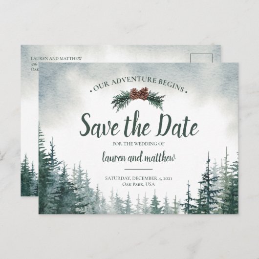 Pine Tree Rustic Wedding Save the Date Briefkaart (Voorkant / Achterkant)