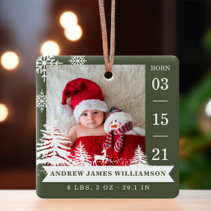 Pine Tree & Snow Baby Geboorte Statistieken & Foto Keramisch Ornament