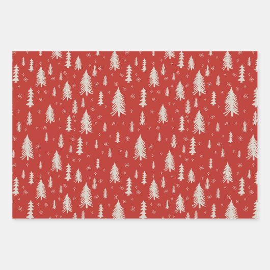 Pine Tree Snowflake Doodle Red Beige Green Trio Inpakpapier Vel (Voorkant)