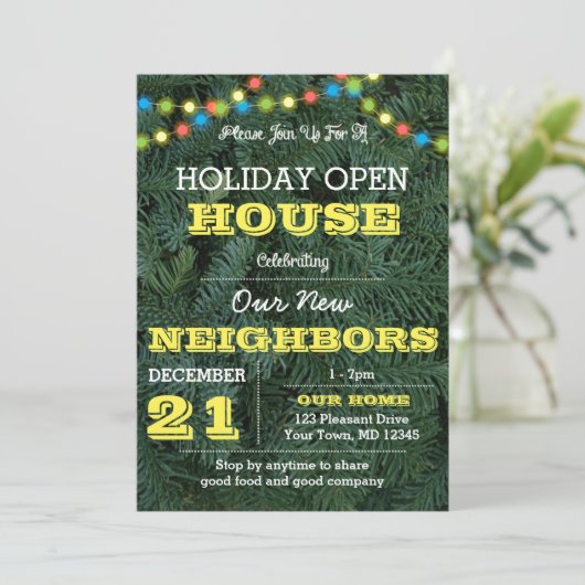 Pine Tree String Lights Yellow Holiday Uitnodiging (Staand voorkant)