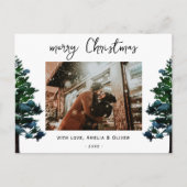 Pine Tree Waterverf Merry-kerstscript Foto Feestdagenkaart (Voorkant)