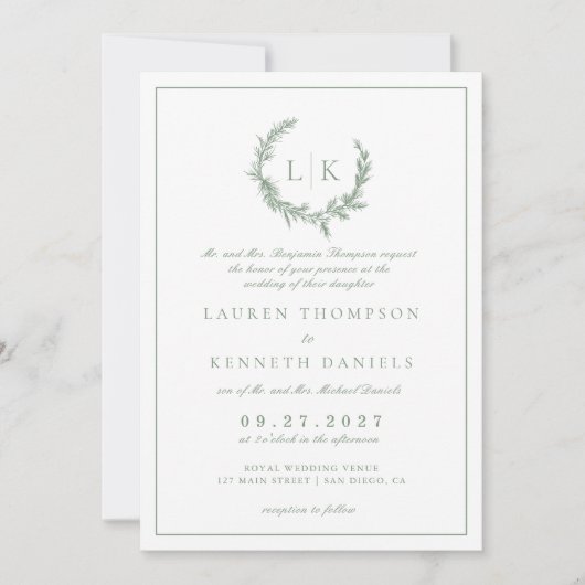 Pine Tree Wreath Sage Green QR Code Huwelijk Kaart (Voorkant)