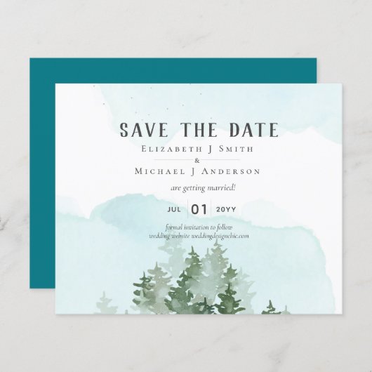 Pine Trees Blauwgroen en Sage Wedding Save Date (Voorkant / Achterkant)