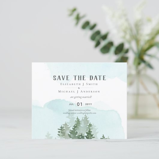 Pine Trees Blauwgroen en Sage Wedding Save Date (Staand voorkant)