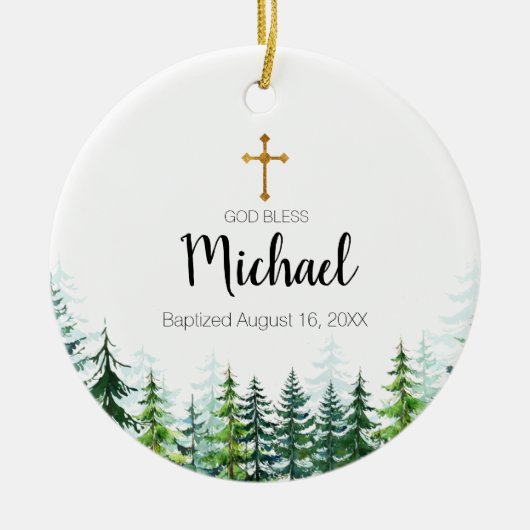 Pine Trees Forest Baptism Ornament God Bless (Voorkant)
