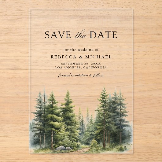 Pine Trees Forest Wedding Save the Date Acryl Uitnodigingen (Voorkant)