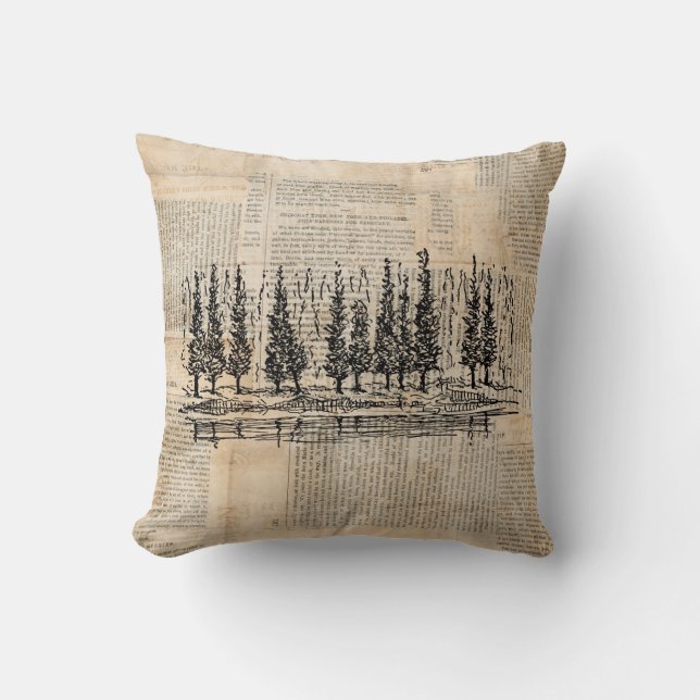  Pine Trees Natuur Scene Newsprint Art Kussen (Voorkant)