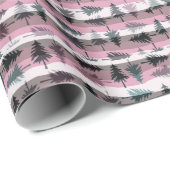 Pine Trees Roze Wit Grijze Stripes Kerstmis Cadeaupapier (Rol Hoek)