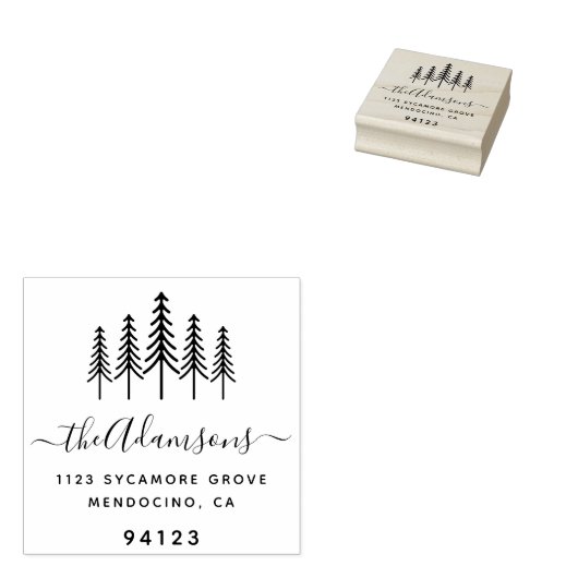 Pine Trees & Script Achternaam Retouradres Rubberstempel (Gestempeld)