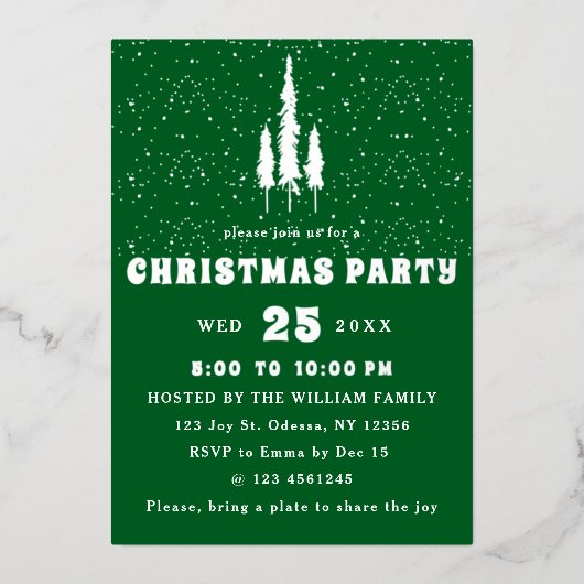 Pine Trees Snow Falling Christmas Party Folie Uitnodiging (Voorkant)