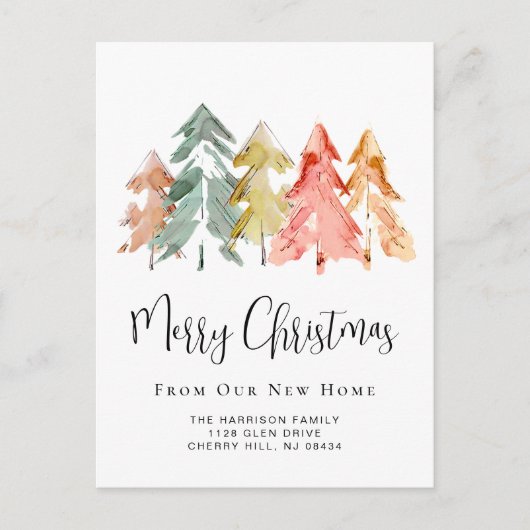 Pine Trees Waterverf New Home Vakantie Verhuizen Aankondigingskaart (Voorkant)