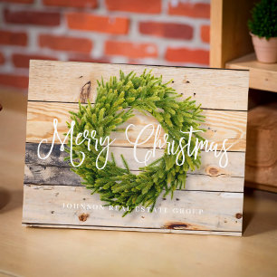Pine Wreath op hout   Vroegere kerstgroet Feestdagenkaart